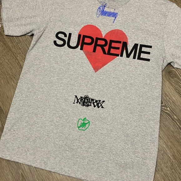 Supreme Gray Tee with Red Heart and Black Logo - Picture 1 of 2